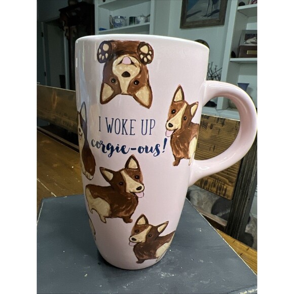 Corgi Travel Mug w/Lid 20 Oz “I Woke Up Corgie-ous!” Pink & Brown Sheffield Home - Picture 1 of 8